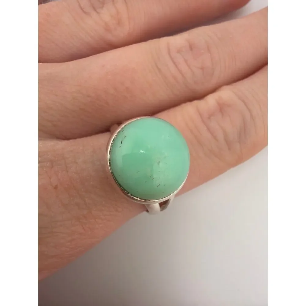 925 Sterling Silver Round Amazonite Cabochon Ring Size 8